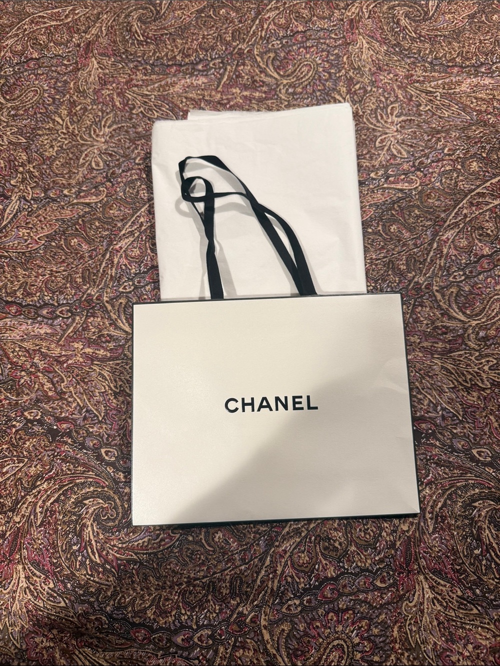 CHANEL White Shopping Bag with Black Ribbon Handles and tissue paper set